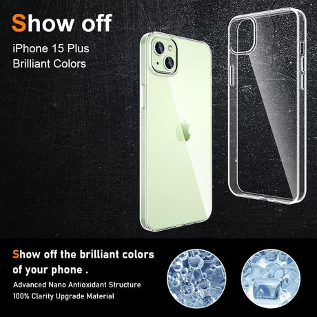 Detaliu colț husă iPhone 15 Plus antisoc din silicon și policarbonat transparent, protecție impact