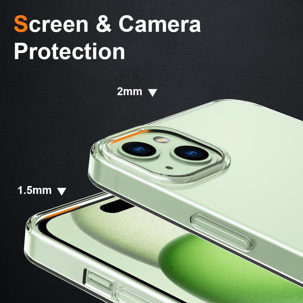 Husă iPhone 15 Plus transparentă aplicată pe telefon, decupaj precis cameră și butoane laterale