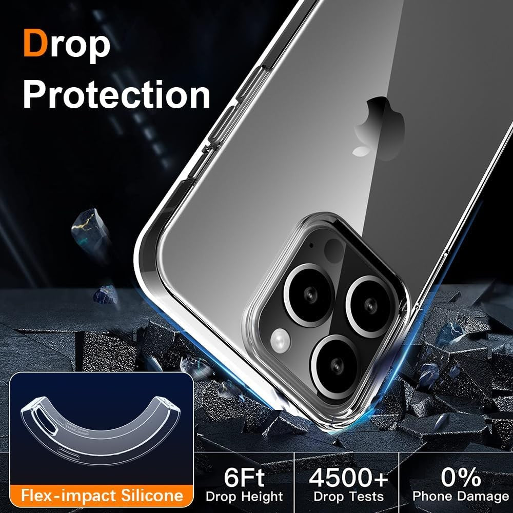 Husă antisoc iPhone 15 Pro Max din policarbonat transparent, vedere spate cu decupaj cameră