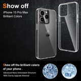 Husă silicon PC transparentă montată pe iPhone 15 Pro Max, vedere comparativă față-spate
