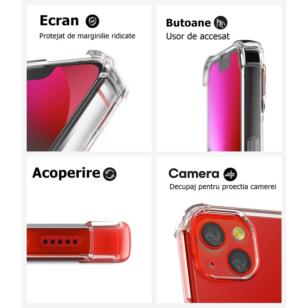 Detaliu colțuri ranforsate husă iPhone 15 Plus TPU antisoc, protecție impact