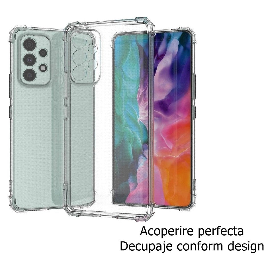 Husă Samsung Galaxy A53 5G transparentă montată pe telefon, vedere laterală dreapta