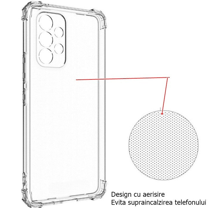 Husă antisoc transparentă Samsung A53 5G, detaliu decupaje precise butoane și cameră