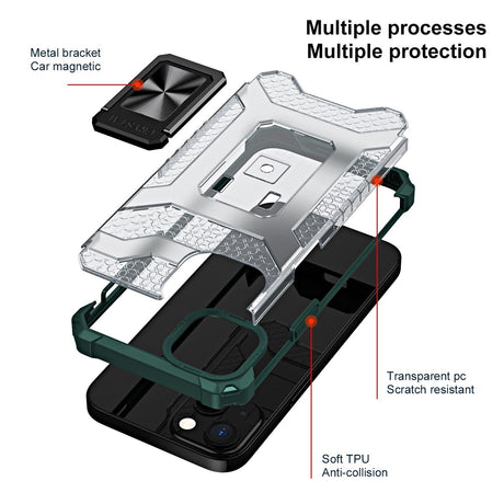Husă iPhone 13 Acrylic Armor verde închis, detaliu inel suport și capac PC transparent
