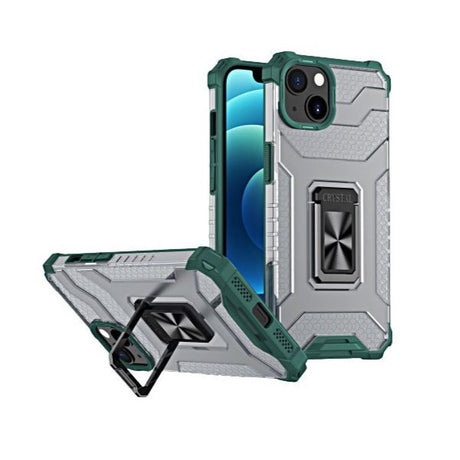Husă iPhone 13 Acrylic Armor verde închis, vedere frontală, inel suport rotativ pe spate