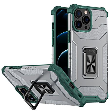 Husă iPhone 13 Pro Acrylic Armor verde închis, vedere frontală, inel suport vizibil pe spate