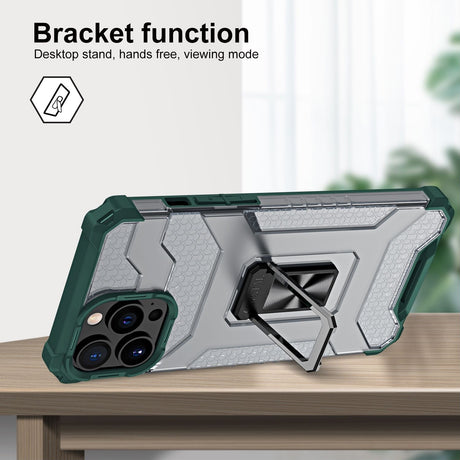 Husă Acrylic Armor pentru iPhone 13 Pro Max, detaliu inel suport rotativ, culoare Verde Închis