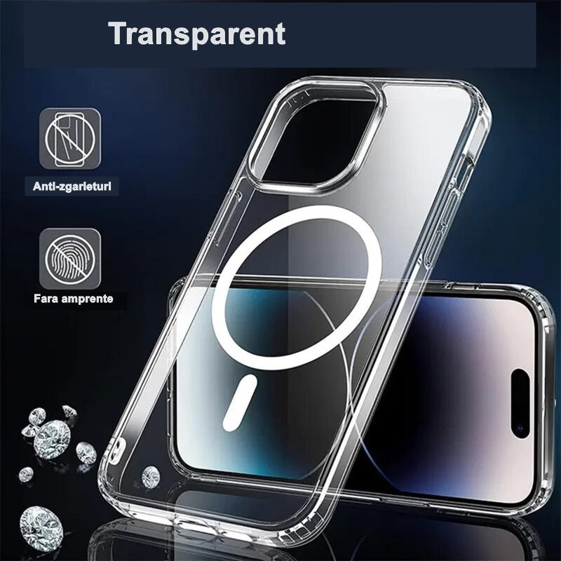 Husă transparentă iPhone 15 MagSafe aplicată pe telefon, vedere din spate cu modul cameră