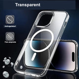 Husă transparentă iPhone 15 MagSafe aplicată pe telefon, vedere din spate cu modul cameră