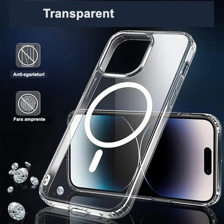 Husă transparentă iPhone 15 MagSafe aplicată pe telefon, vedere din spate cu modul cameră