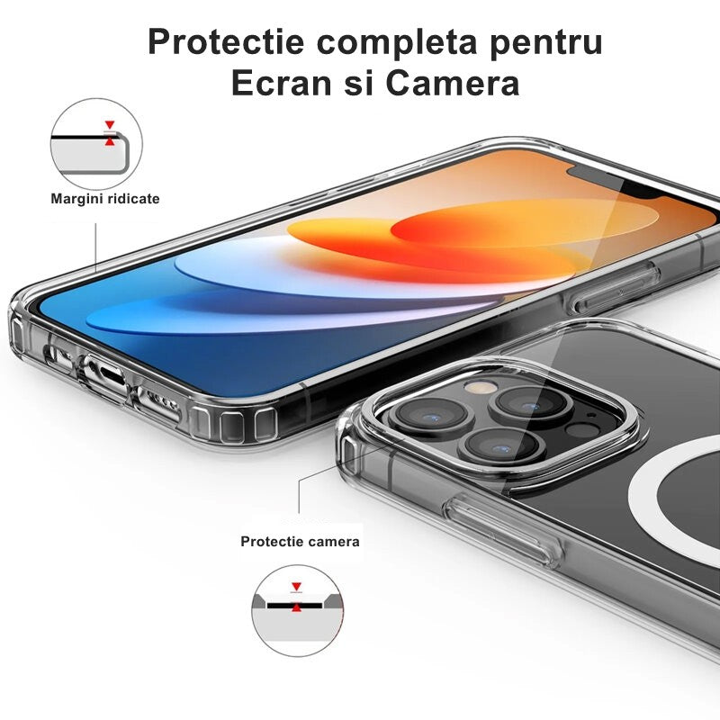 Husă transparentă iPhone 15 Pro aplicată pe telefon, profil lateral subțire și ergonomic