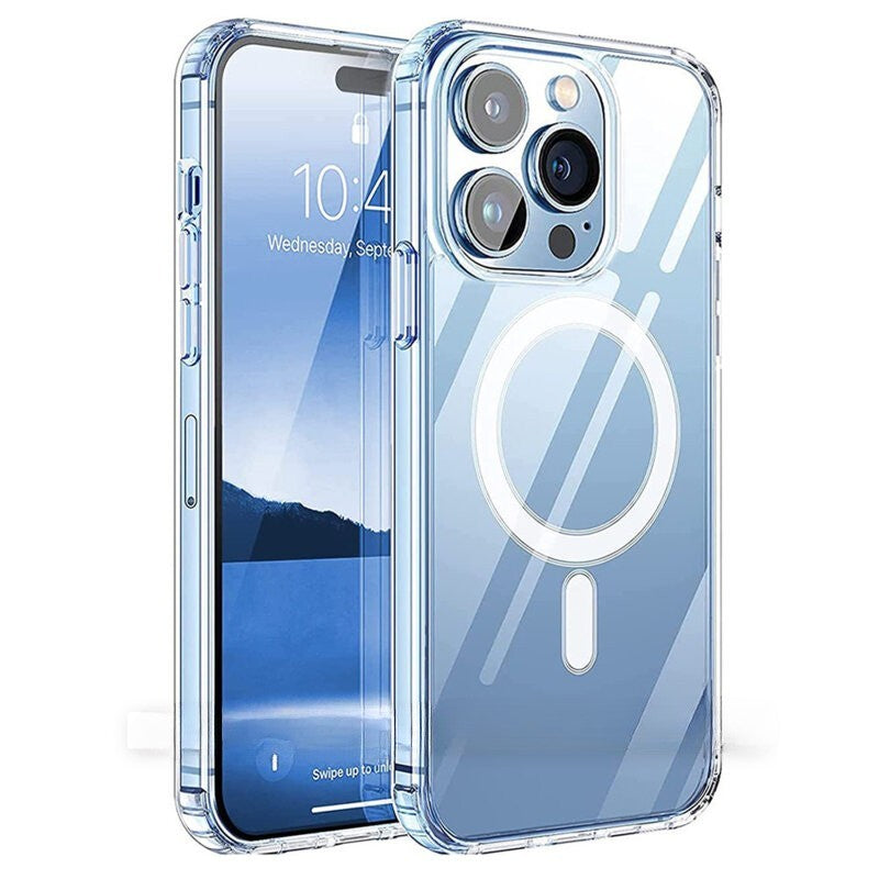 Husă transparentă iPhone 15 Pro cu MagSafe, vedere frontală, material TPU moale și policarbonat