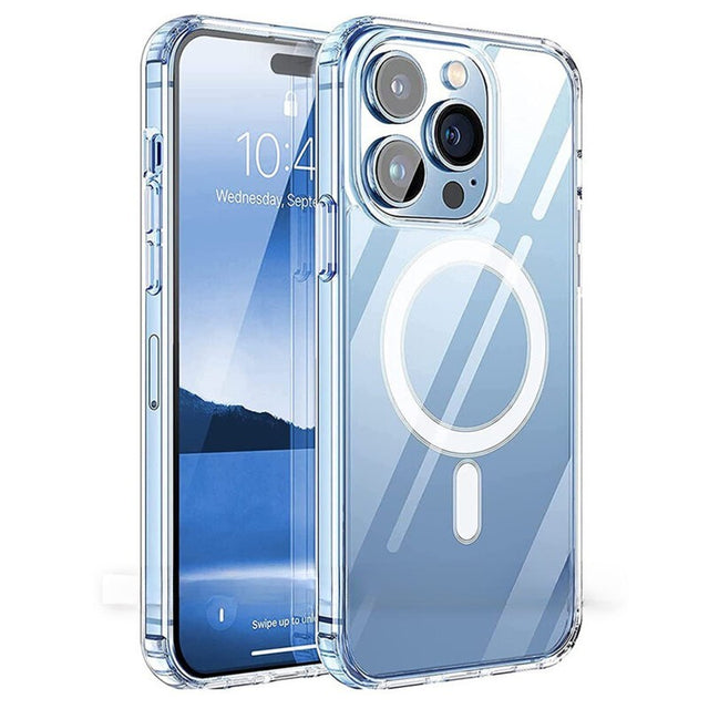 Husă transparentă iPhone 15 Pro Max cu MagSafe, vedere frontală, material TPU și policarbonat