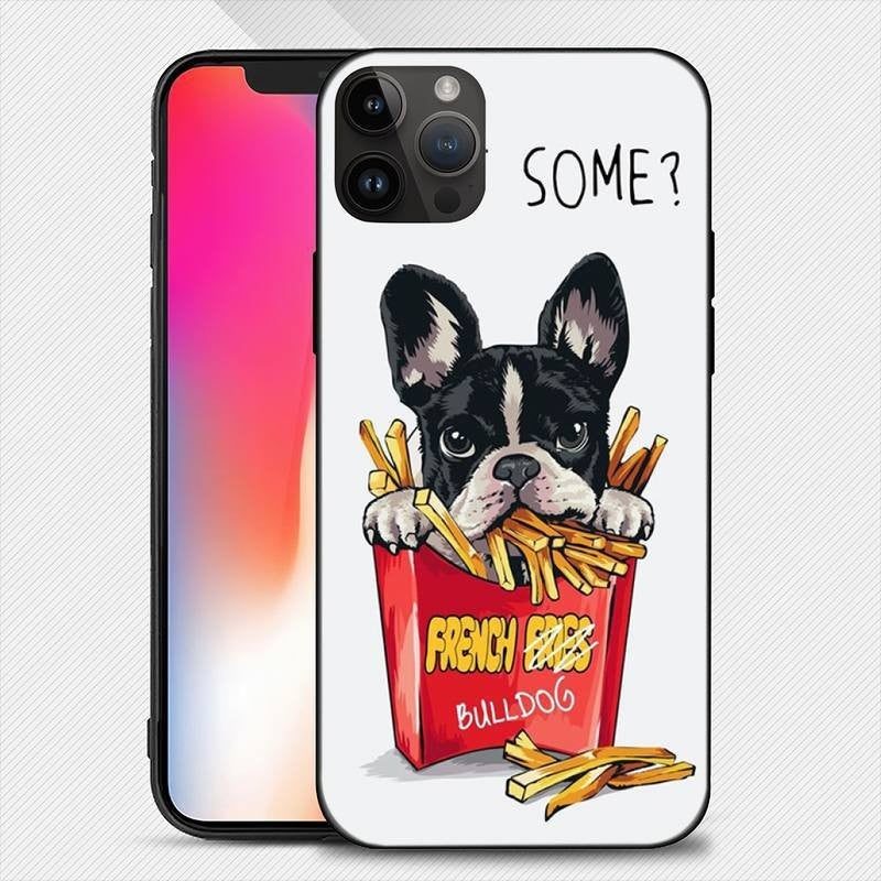 Detaliu imprimeu Bulldog SOME pe husă TPU albă pentru iPhone 15 Pro Max