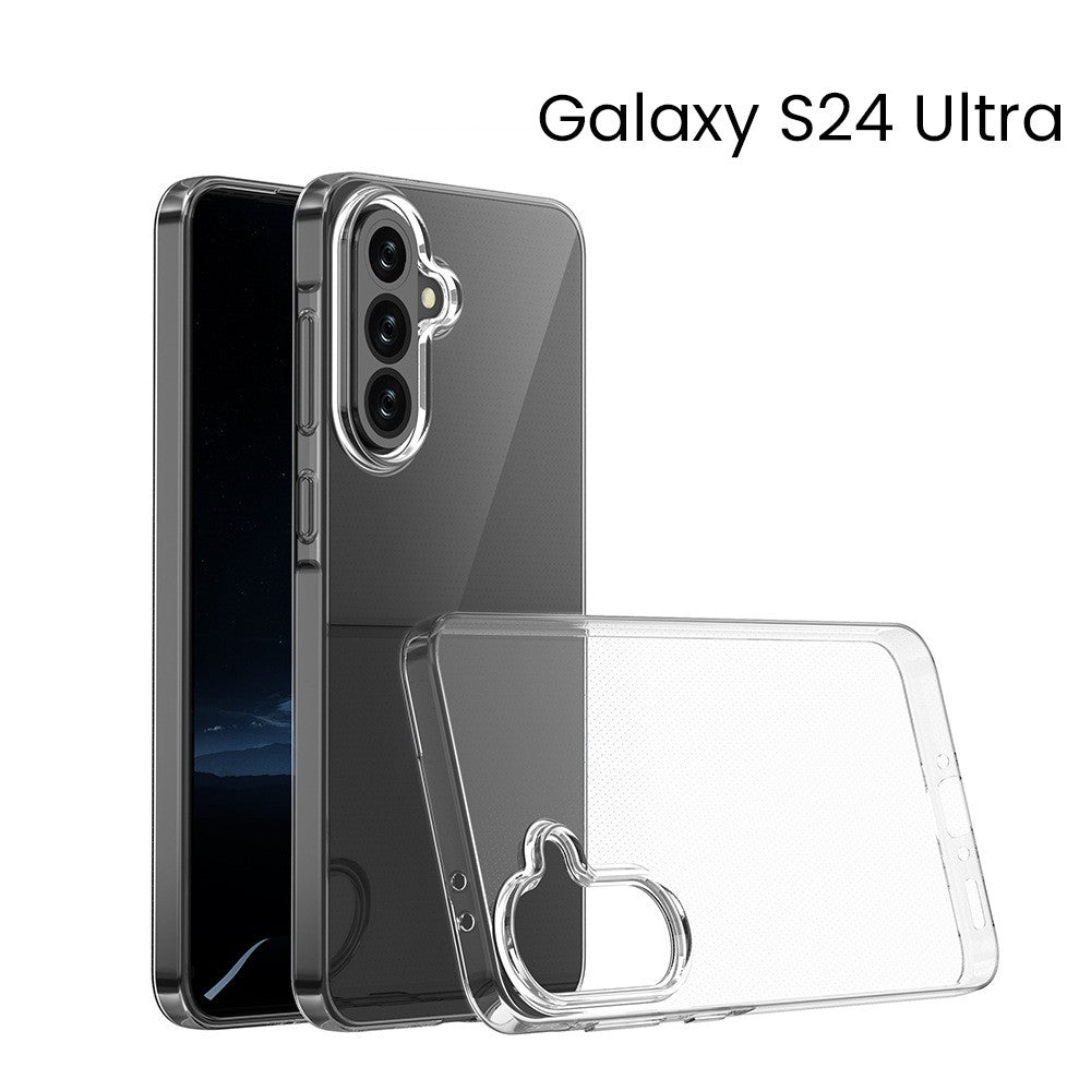 Husă transparentă Protect Plus montată pe Samsung Galaxy S24 Ultra, vedere laterală profil subțire