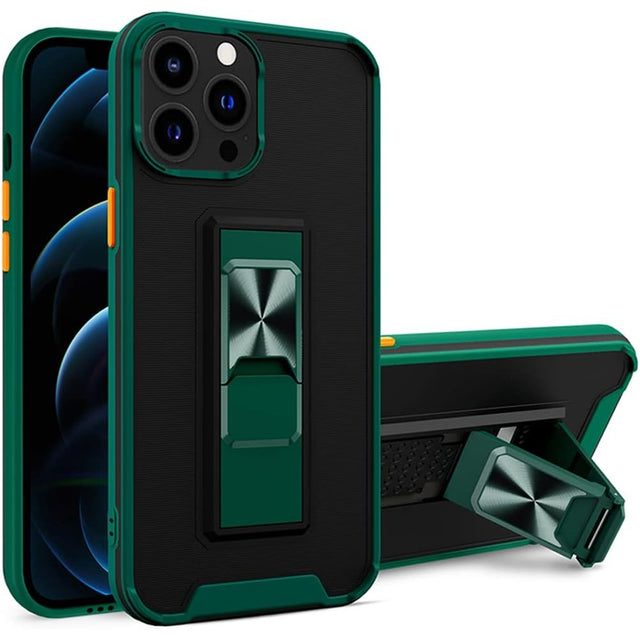 Husă iPhone 13 Mini Defender Sergeant Brave verde închis, vedere frontală cu stand pliabil integrat