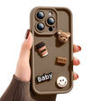 Husă iPhone 14 Pro model ursuleți 3D maro, vedere frontală, protecție antisoc TPU