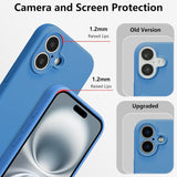 Husă silicon lichid iPhone 16 Plus albastru aplicată pe telefon, vedere laterală dreaptă
