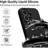 Husă silicon lichid negru iPhone 16 Plus, detaliu finisaj mat anti-amprentă