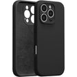 Husă Liquid Silicone neagră pentru iPhone 16 Pro, vedere frontală, căptușeală microfibră interior