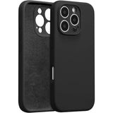 Husă Liquid Silicone neagră pentru iPhone 16 Pro, vedere frontală, căptușeală microfibră interior