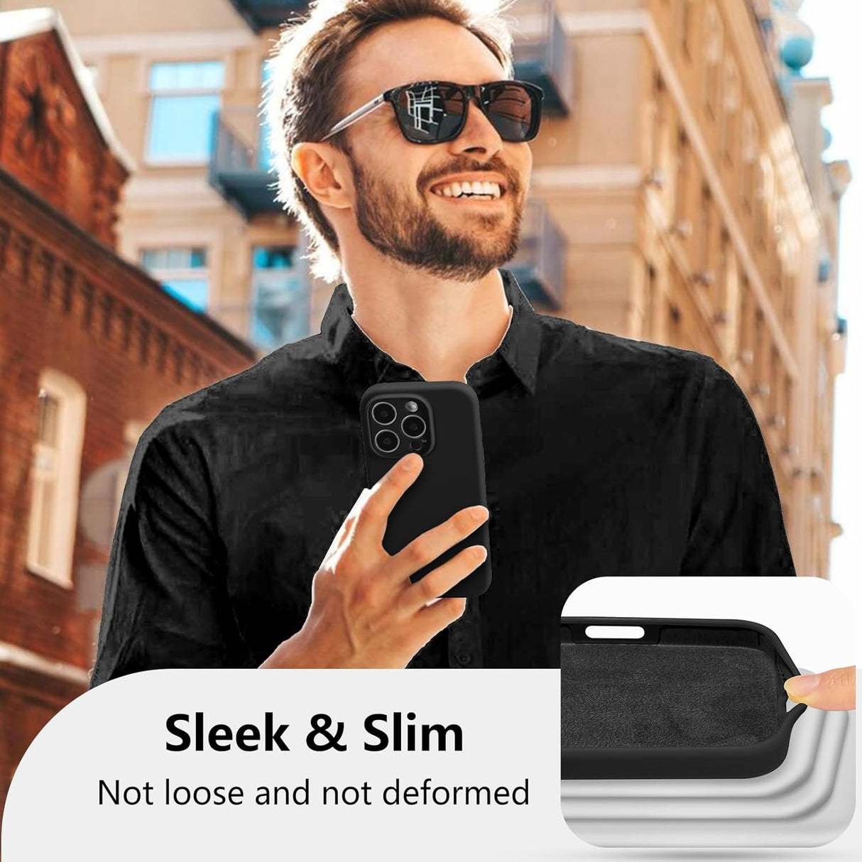 Husă neagră Vivimall pentru iPhone 16 Pro Max, silicon lichid, detaliu spate cu decupaj cameră