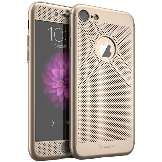 Husa de Protectie, Vivimall, pentru Apple iPhone 7 Plus, Full Cover 360 Air cu Gauri si Folie de Protectie, Plastic, Auriu - vivimall.ro