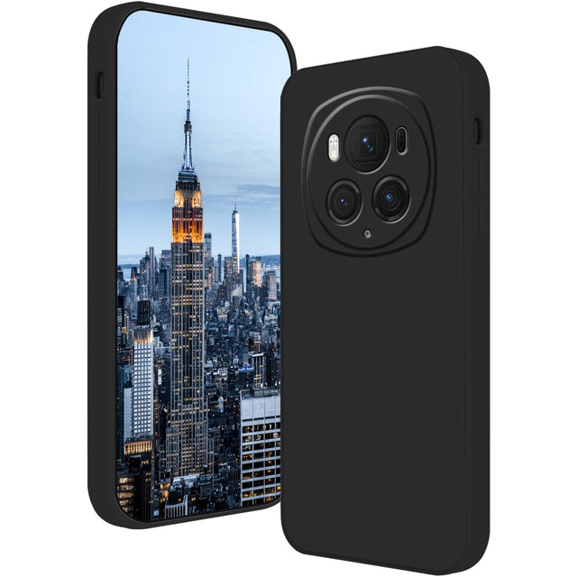 Husă silicon lichid Honor Magic 6 Pro culoare neagră, vedere frontală, finisaj mat anti-amprentă