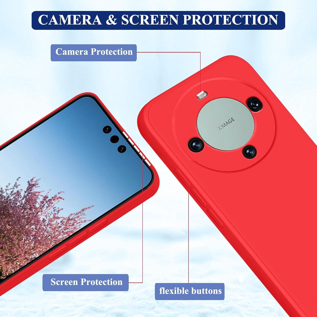 Husă Huawei Mate 60 Pro roșu, detaliu finisaj mat anti-alunecare silicon lichid