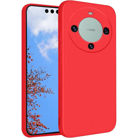 Husă Huawei Mate 60 Pro din silicon lichid roșu, vedere frontală, protecție antisoc cu margini ridicate