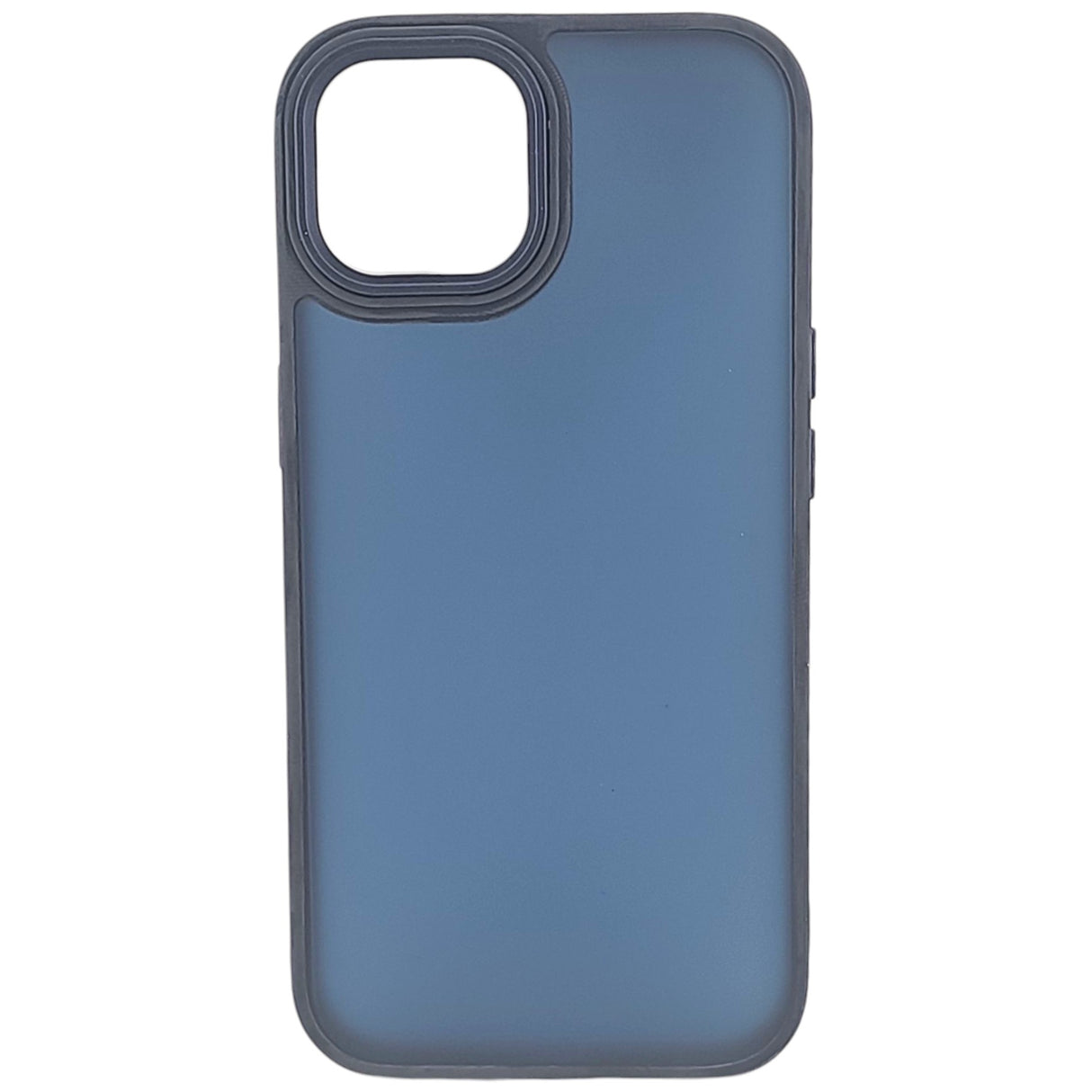 Detaliu husă iPhone 15 Plus albastru din policarbonat rigid, decupaje precise pentru butoane și cameră