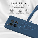 Husă silicon lichid albastru pe OnePlus 12 5G, detaliu lateral butoane și port USB-C