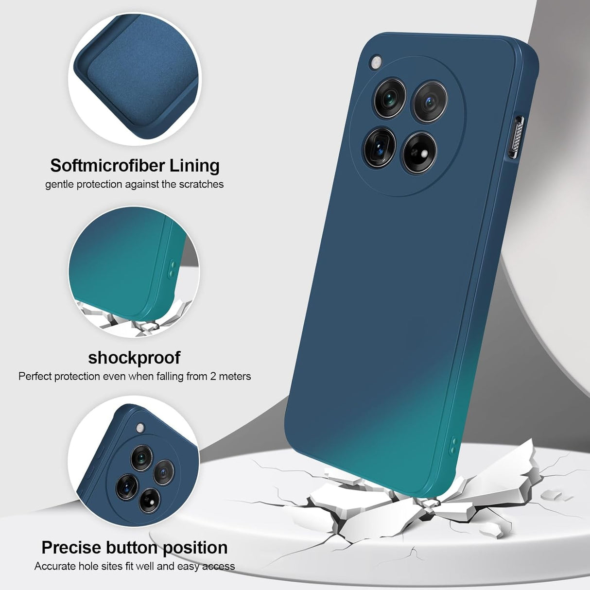Husă Liquid Silicone OnePlus 12 5G albastru, vedere ansamblu produs și ambalaj