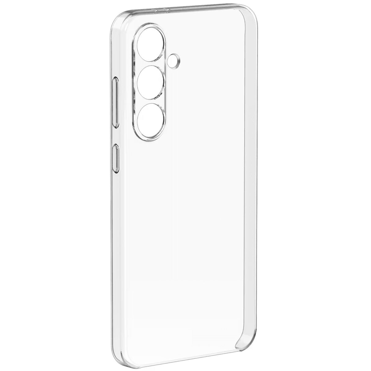 Husă transparentă Samsung Galaxy S23 FE 5G montată pe telefon, vedere laterală cu Dust Plug vizibil