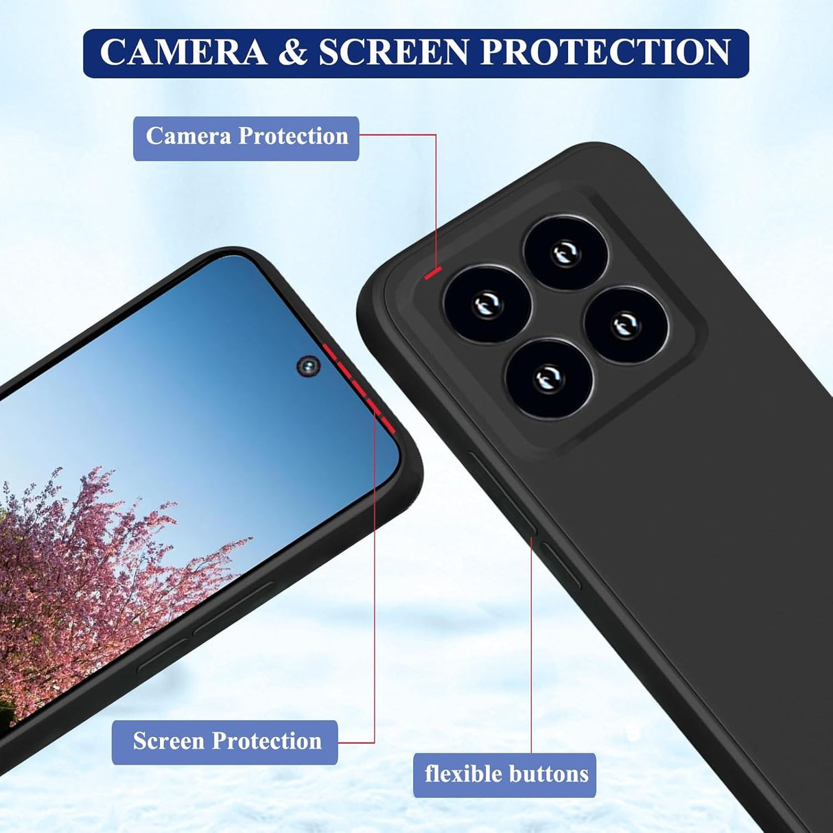 Husă Xiaomi 14 neagră pe telefon, vedere spate, finisaj mat silicon lichid Vivimall