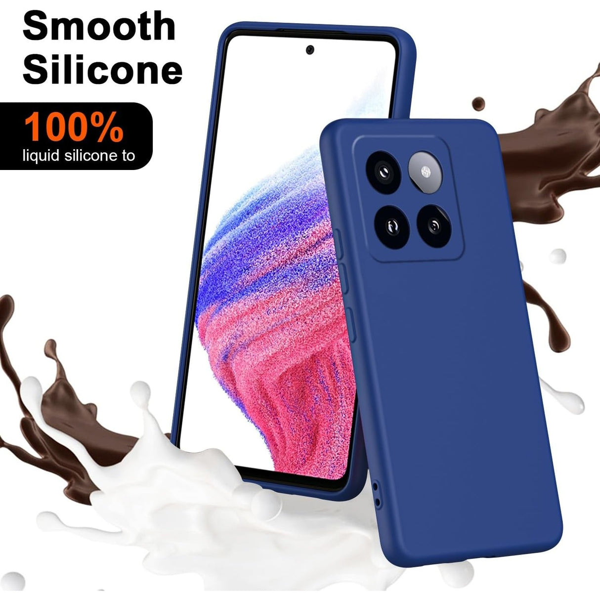 Husă Xiaomi 14 silicon lichid albastru, compatibilitate incarcare wireless, vedere unghi 45 grade