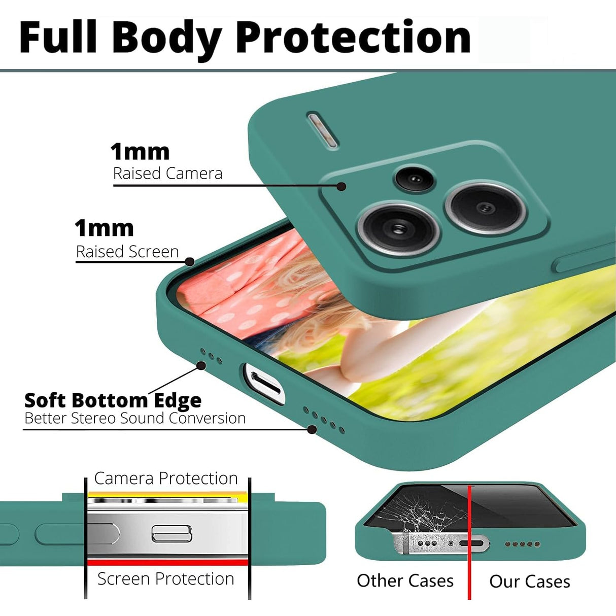 Husă silicon lichid verde montată pe Xiaomi Redmi Note 13 Pro Plus 5G, vedere lifestyle