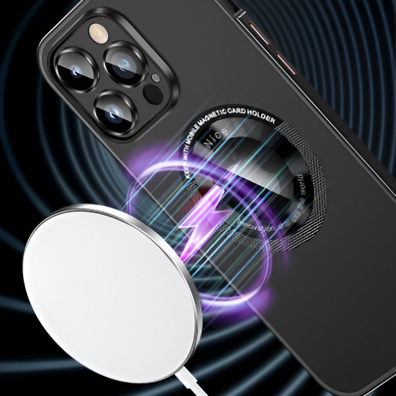 Carcasă MagSafe iPhone 15 Pro din metal, vedere spate cu sistem magneți aliniați
