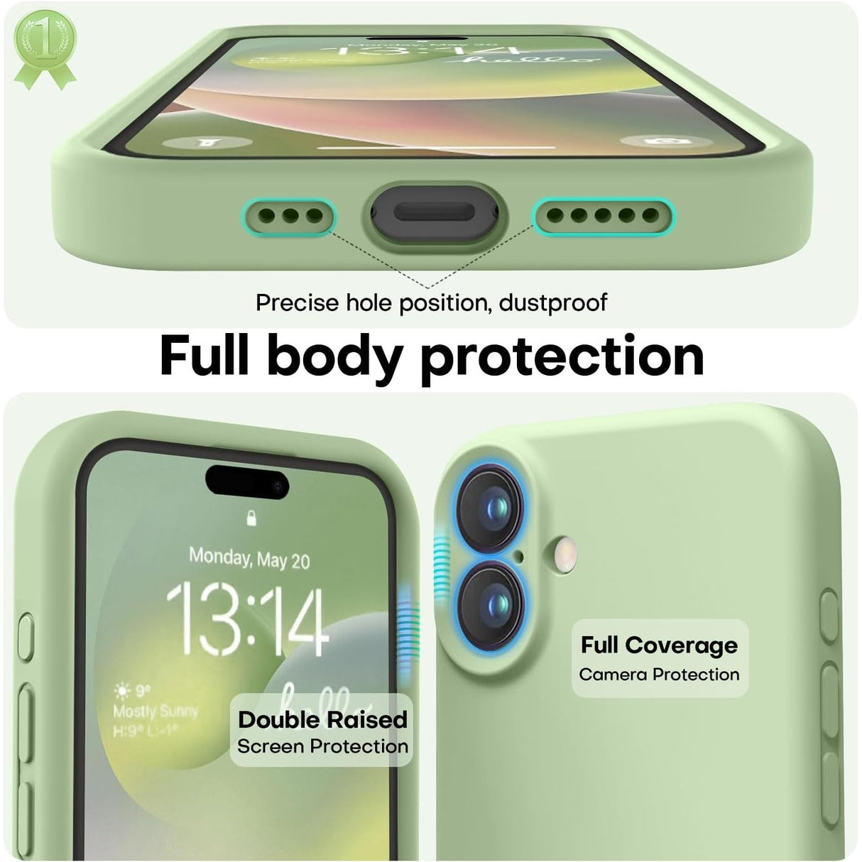 Husă iPhone 16 verde mat, detaliu buză ridicată pentru protecția modulului foto