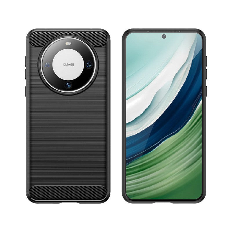 Husă Huawei Mate 60 Pro neagră cu element carbon, detaliu textură anti-alunecare