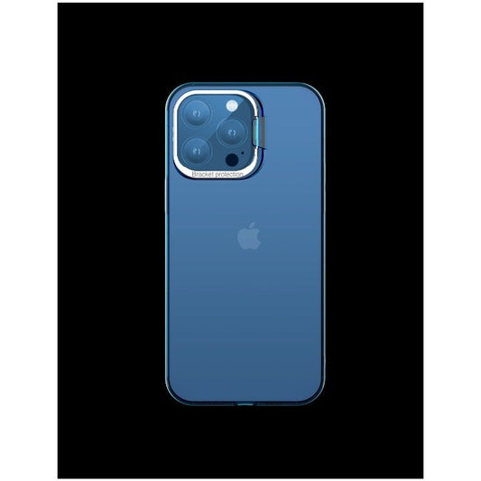 Husa de protectie pentru iPhone 14 Plus, cu suport metalic pentru camera, Bracket Series, Vivimall, Protectie Antisoc, PC mat, silicon moale pe margini, Albastru - vivimall.ro