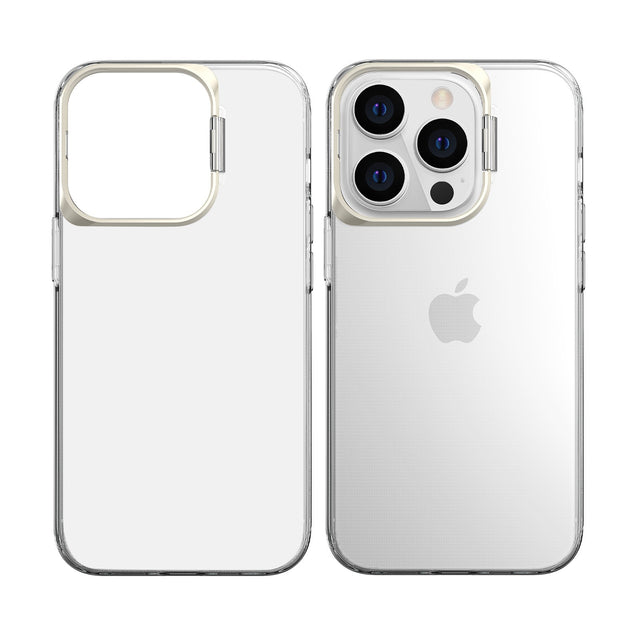 Husa de protectie pentru iPhone 14 Plus, cu suport metalic pentru camera, Bracket Series, Flippy, Protectie Antisoc, PC mat, silicon moale pe margini, Transparent - vivimall.ro