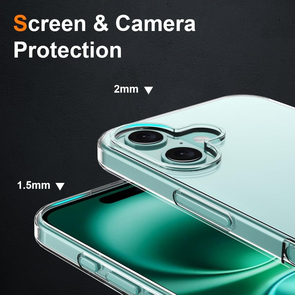 Husă transparentă iPhone 16 Plus montată pe telefon, design original vizibil prin material