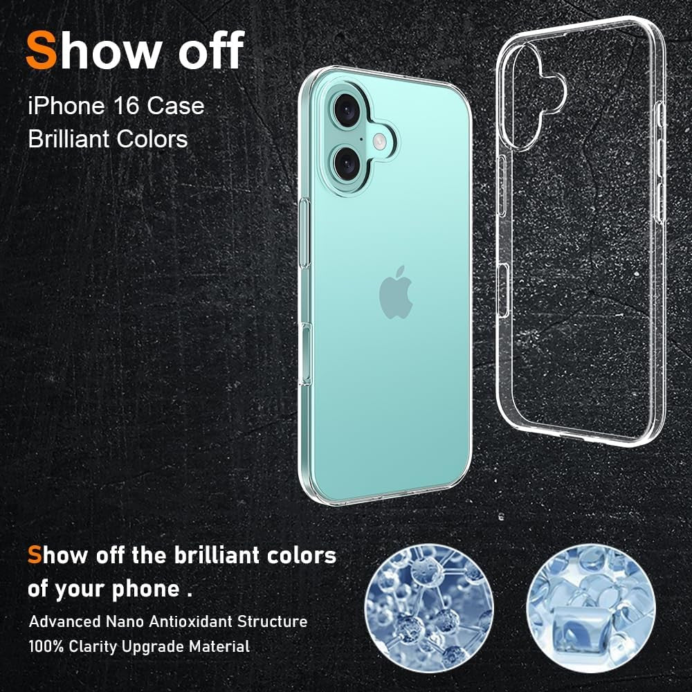 Husă iPhone 16 transparentă din silicon și PC, detaliu colț antisoc rezistent la impact