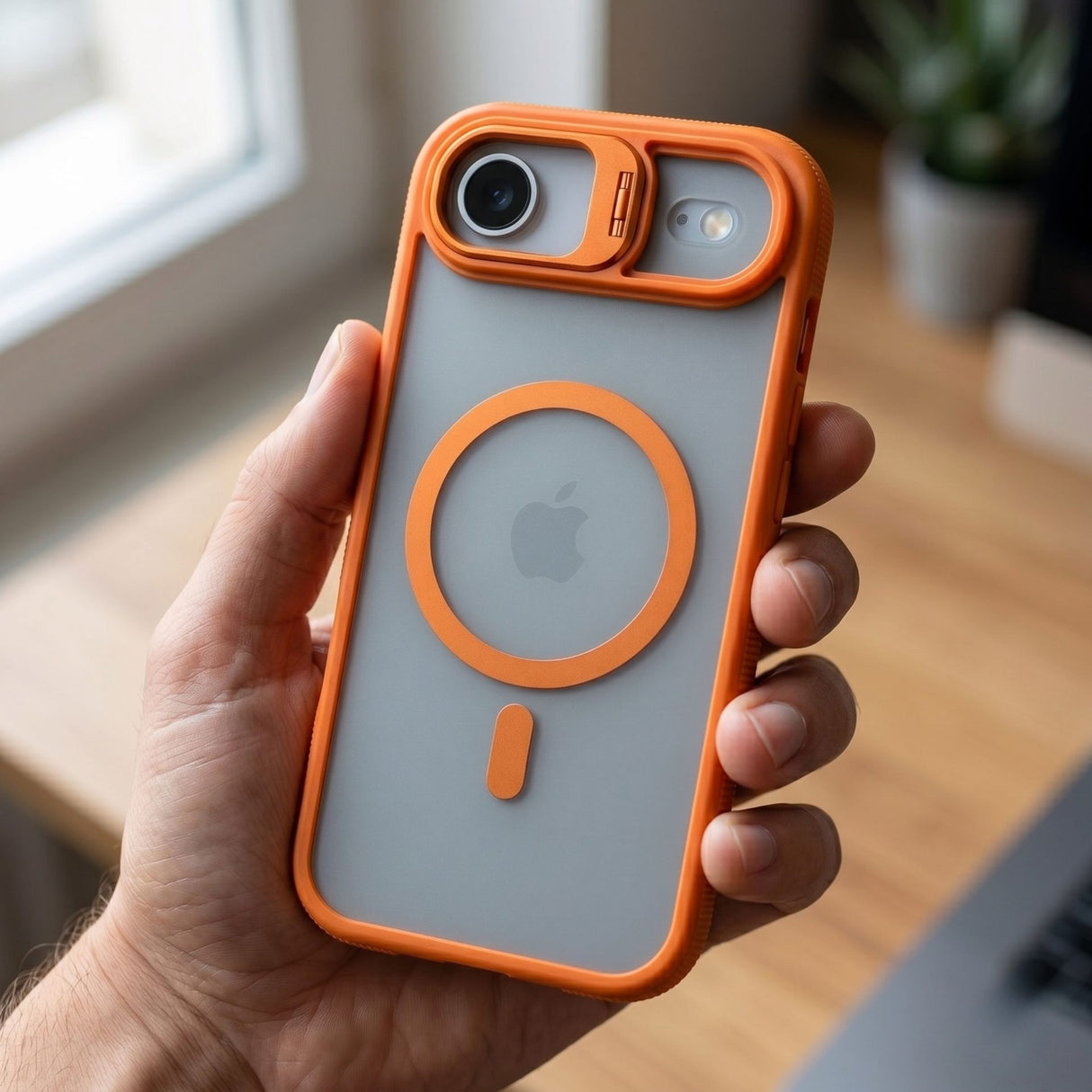 Husa de Protectie Telefon, Flippy, Compatibila cu iPhone 17 Air, MagSafe, Acrylic, Suport Metalic Protectie Camera, Anti-Soc, Portocaliu