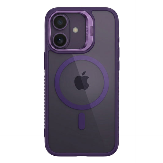 Husă Flippy iPhone 17 MagSafe mov închis, vedere frontală, acril rigid și suport metalic cameră
