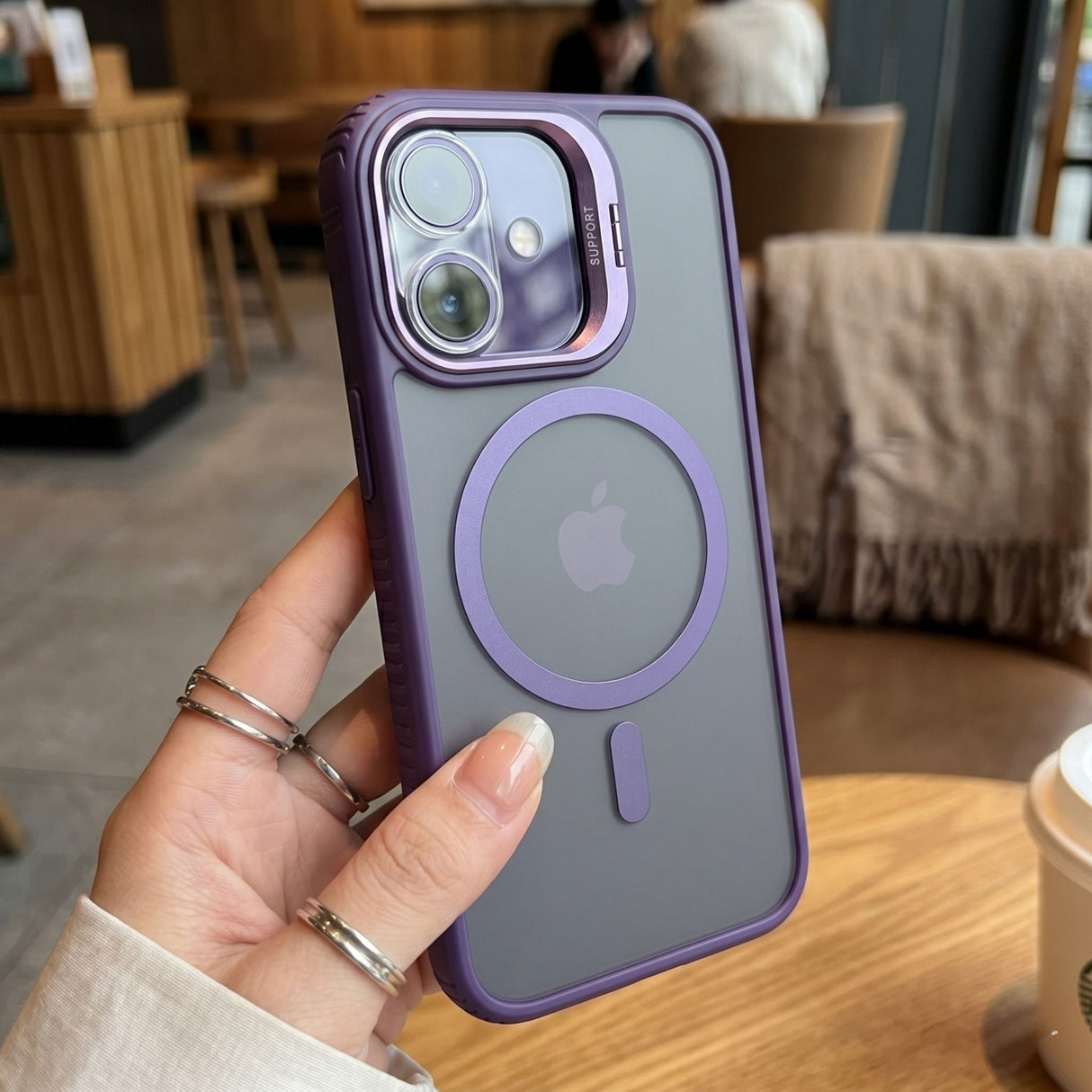 Husa de Protectie Telefon, Flippy, Compatibila cu iPhone 17, MagSafe, Acrylic, Suport Metalic Protectie Camera, Anti-Soc, Mov Inchis