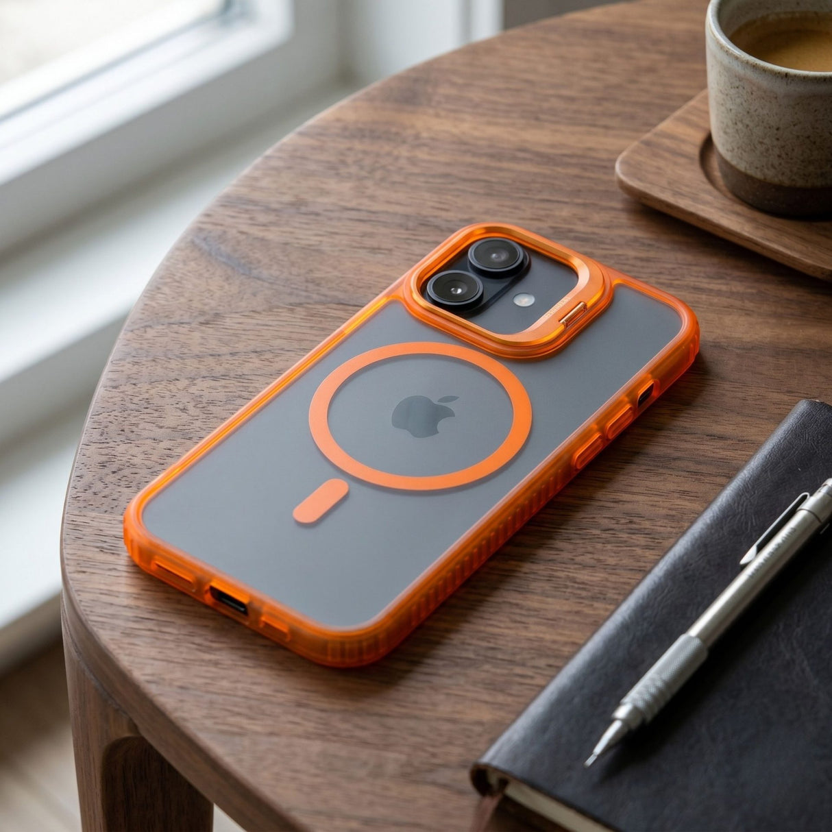 Husa de Protectie Telefon, Flippy, Compatibila cu iPhone 17, MagSafe, Acrylic, Suport Metalic Protectie Camera, Anti-Soc, Portocaliu