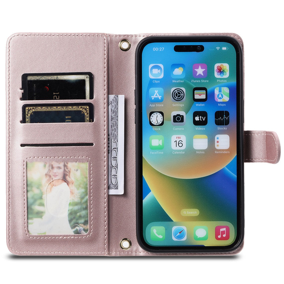 Husă iPhone 15 roz deschisă cu suport orizontal integrat și scoică TPU antisoc