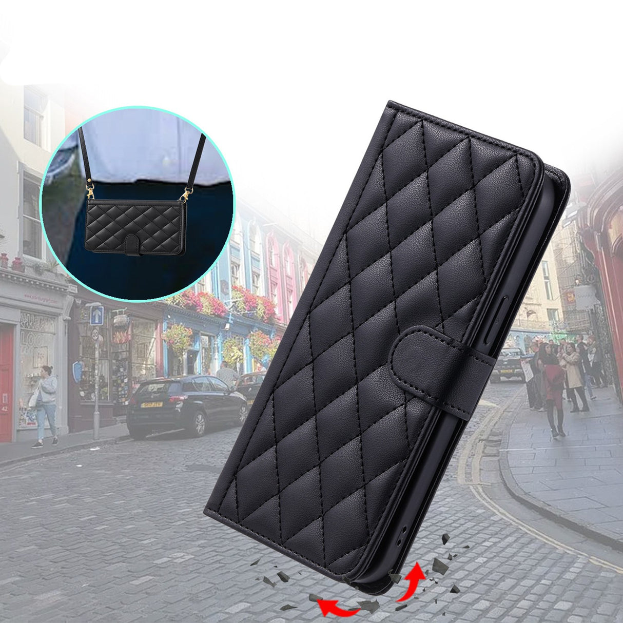 Detaliu capsă magnetică și protecție cameră husă tip carte iPhone 15 Pro, culoare negru